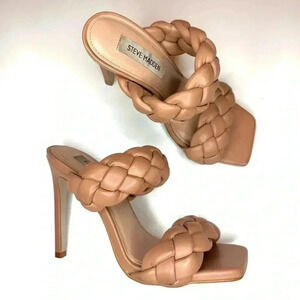 STEVE MADDEN Womens Beige Braided Padded Kenley Square Toe Stiletto Sandals